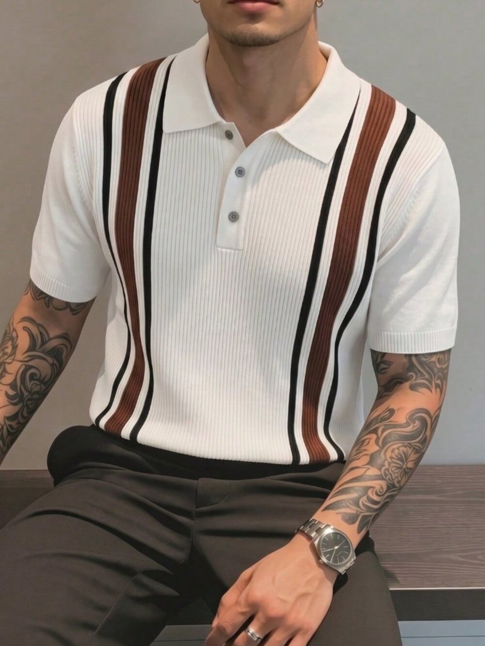 White Casual Men's Sports Regular Fit Striped Polo T-Shirt Top